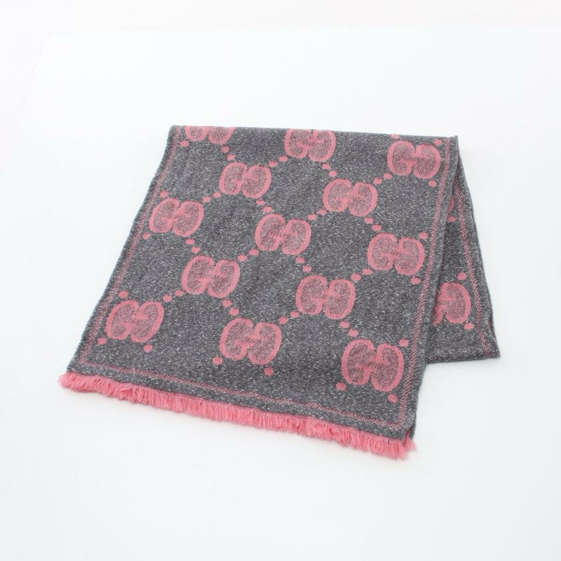 【日本直送】 中古GUCCI[AB]GG 提花絲巾 圍巾 羊毛 金絲線 灰色 粉色-0