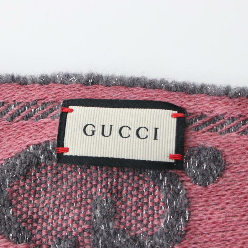 【日本直送】 中古GUCCI[AB]GG 提花絲巾 圍巾 羊毛 金絲線 灰色 粉色-1
