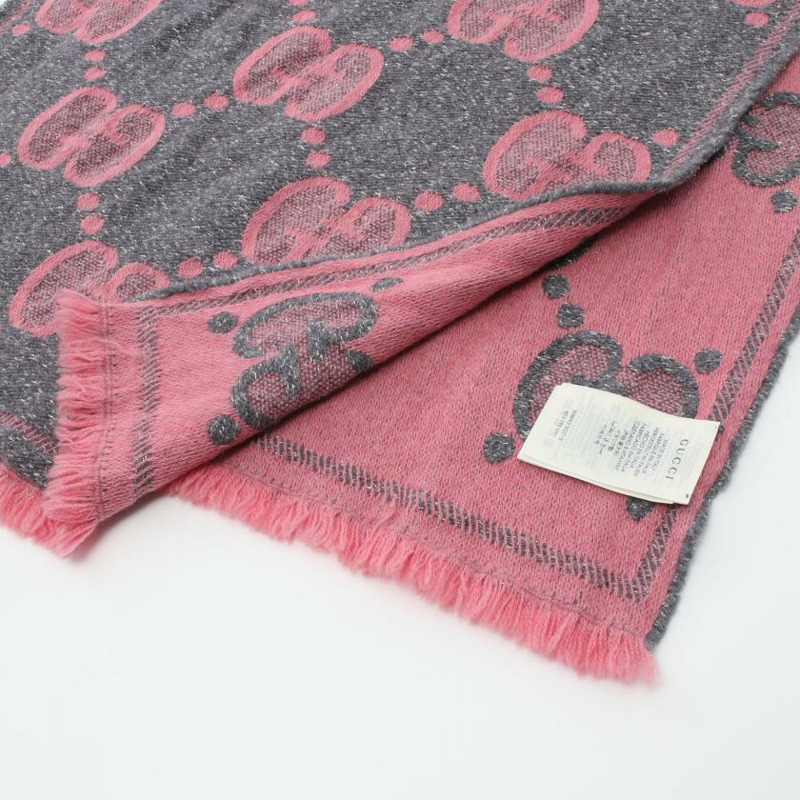 【日本直送】 中古GUCCI[AB]GG 提花絲巾 圍巾 羊毛 金絲線 灰色 粉色-3