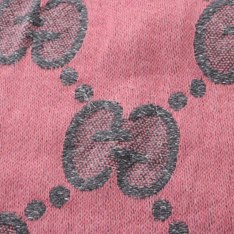 【日本直送】 中古GUCCI[AB]GG 提花絲巾 圍巾 羊毛 金絲線 灰色 粉色-6