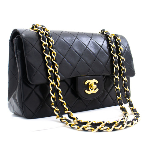 CHANEL 經典雙翻蓋 9 英寸鏈條單肩包黑色小羊皮