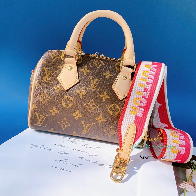 LV 字紋老花 speedy 20 桃紅揹帶 波士頓-0