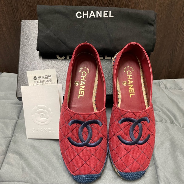 chanel 酒紅色菱格漁夫鉛筆帆布草編平底鞋-0