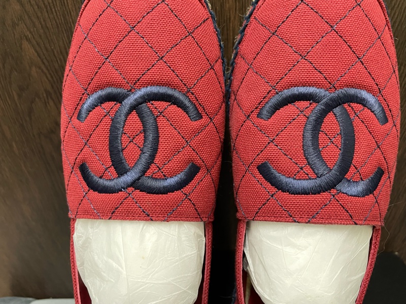 chanel 酒紅色菱格漁夫鉛筆帆布草編平底鞋-2