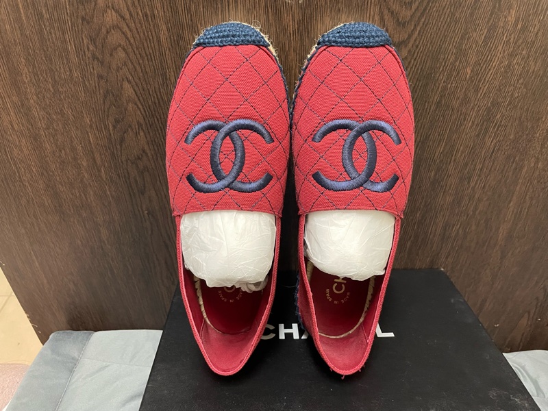 chanel 酒紅色菱格漁夫鉛筆帆布草編平底鞋-4