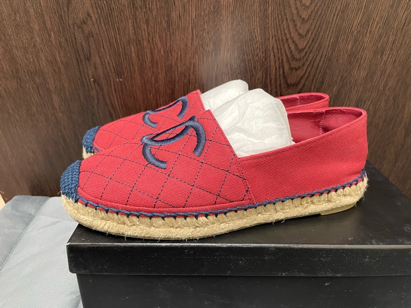 chanel 酒紅色菱格漁夫鉛筆帆布草編平底鞋-6