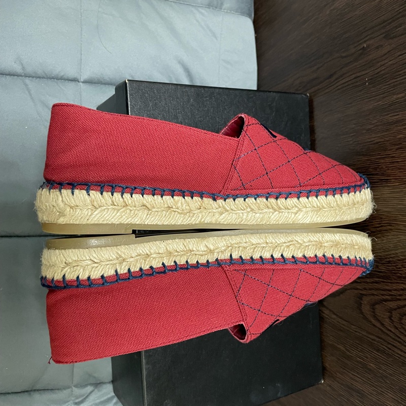 chanel 酒紅色菱格漁夫鉛筆帆布草編平底鞋-8