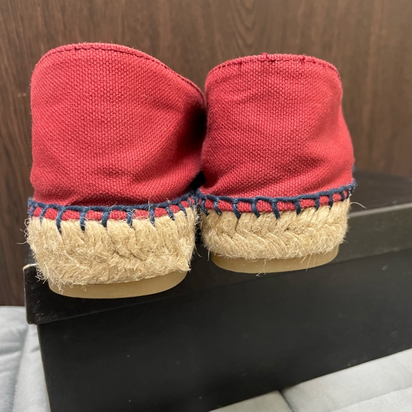 chanel 酒紅色菱格漁夫鉛筆帆布草編平底鞋-9