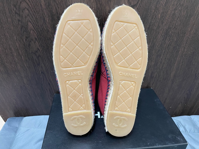 chanel 酒紅色菱格漁夫鉛筆帆布草編平底鞋-10