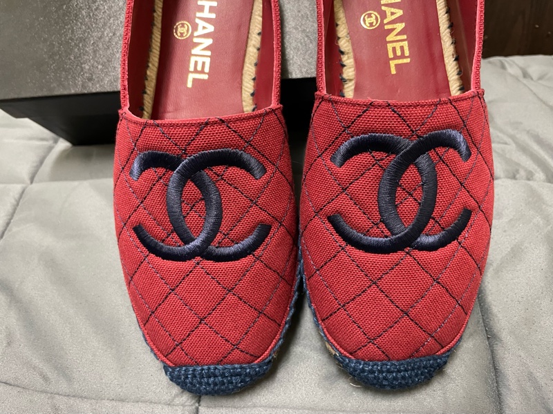 chanel 酒紅色菱格漁夫鉛筆帆布草編平底鞋-12