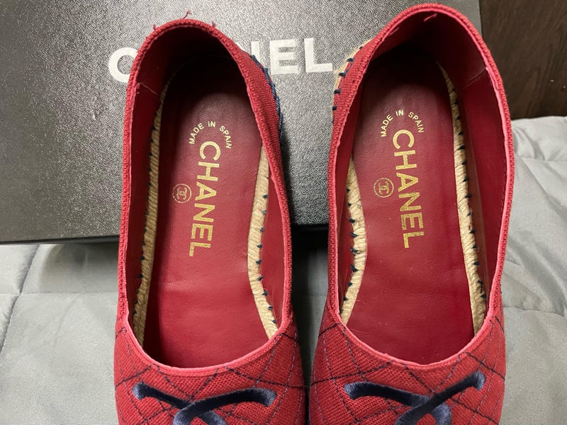 chanel 酒紅色菱格漁夫鉛筆帆布草編平底鞋-13