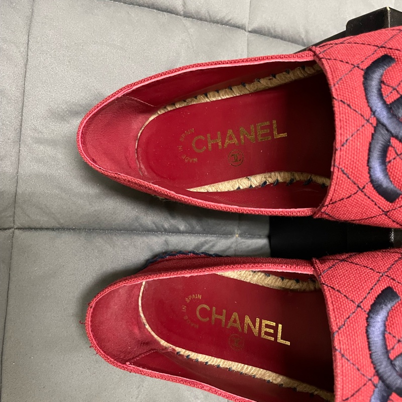 chanel 酒紅色菱格漁夫鉛筆帆布草編平底鞋-14