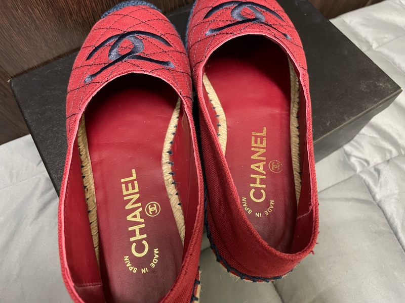 chanel 酒紅色菱格漁夫鉛筆帆布草編平底鞋-15