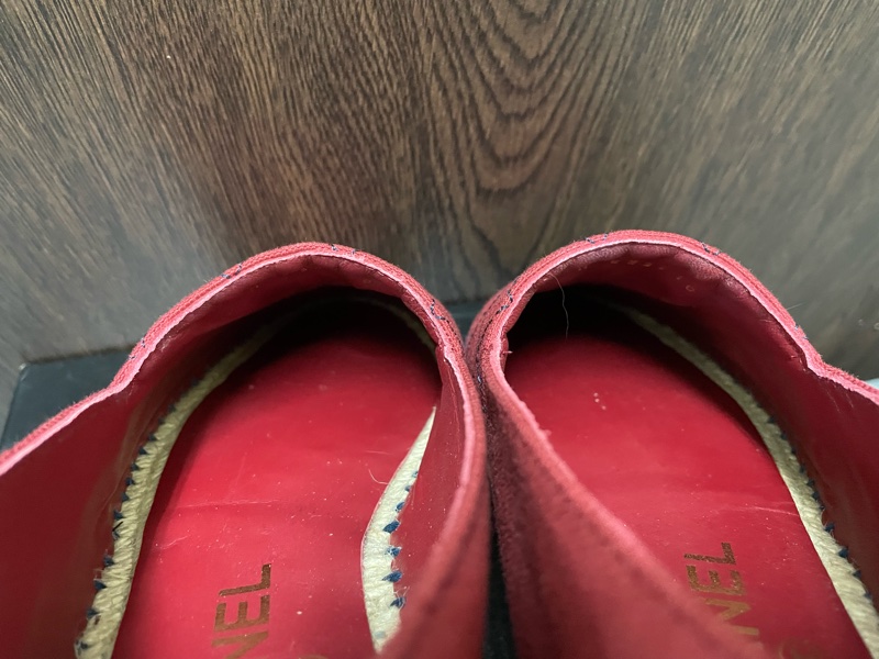 chanel 酒紅色菱格漁夫鉛筆帆布草編平底鞋-16