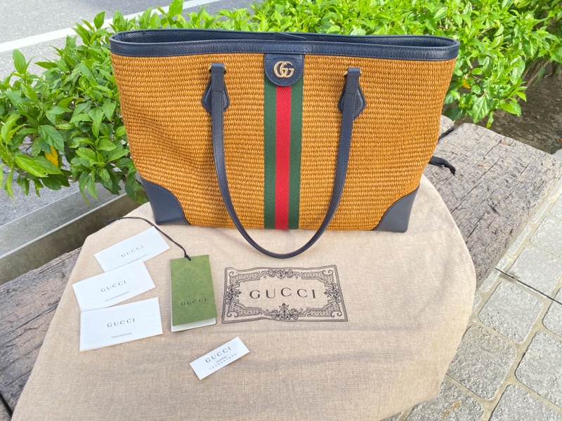 全新Gucci綠紅綠咖啡草編拼全皮托特購物包631685-0