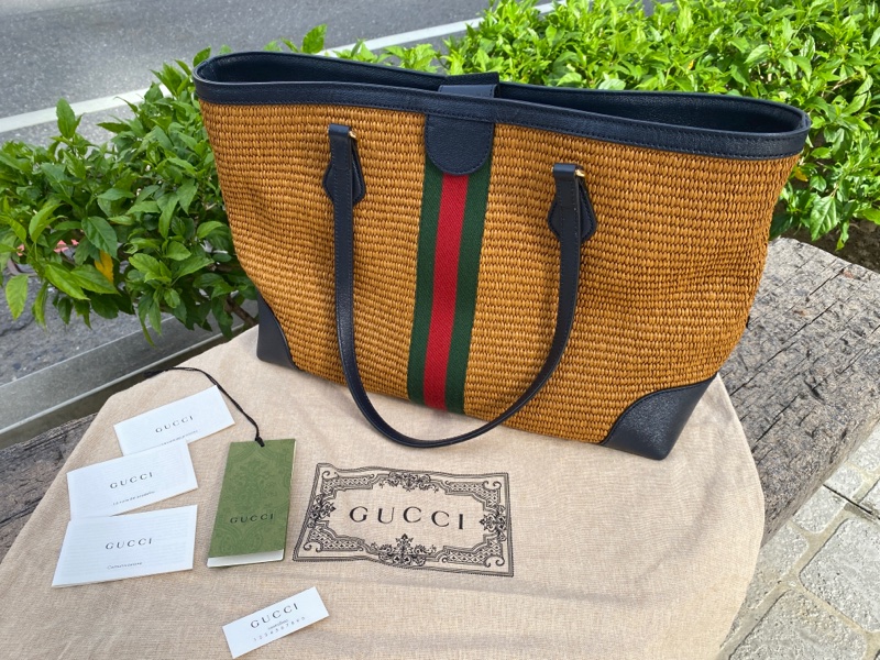 全新Gucci綠紅綠咖啡草編拼全皮托特購物包631685-1