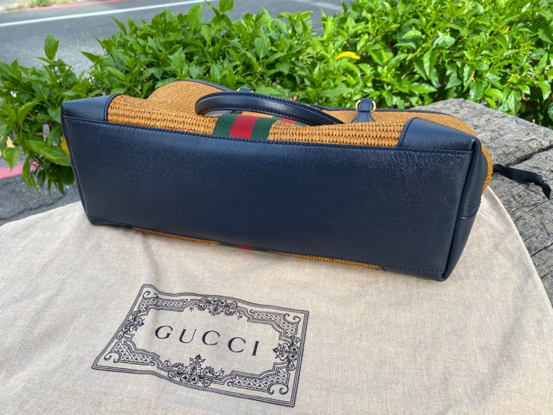 全新Gucci綠紅綠咖啡草編拼全皮托特購物包631685-2