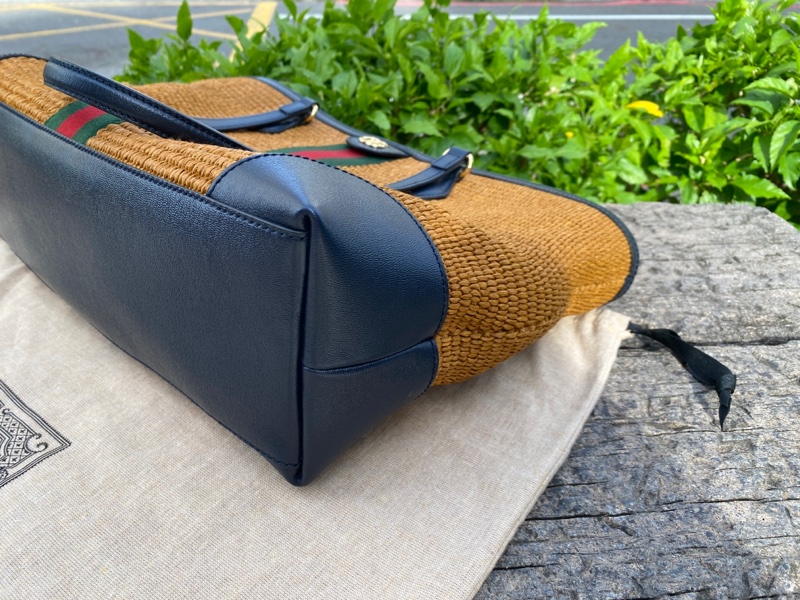 全新Gucci綠紅綠咖啡草編拼全皮托特購物包631685-3