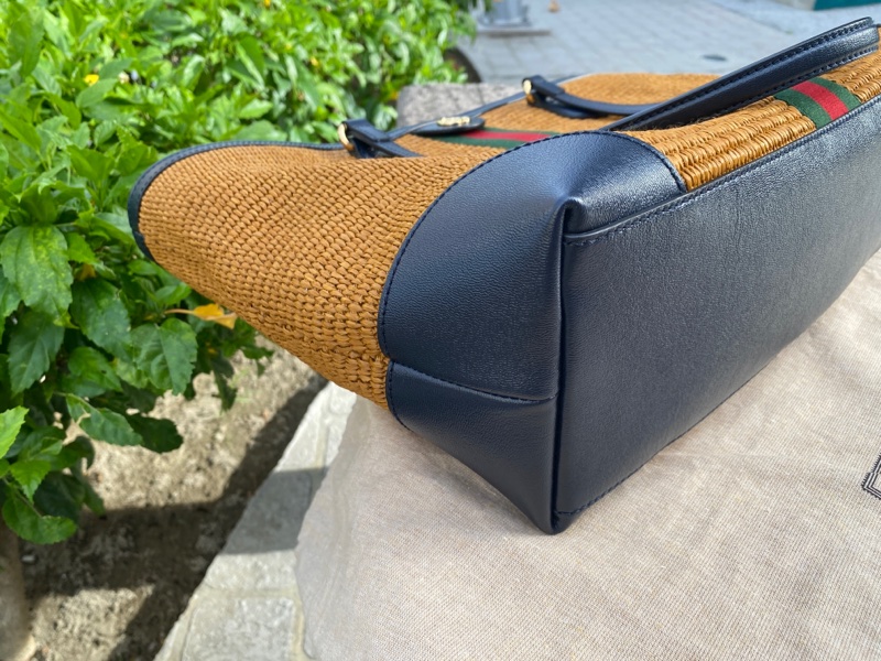 全新Gucci綠紅綠咖啡草編拼全皮托特購物包631685-4