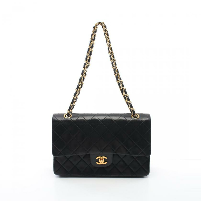 【日本直送】 中古CHANEL[B]CF 菱格紋 雙翻蓋 雙鏈條肩包 小羊皮 黑色 金色五金 vintage-0