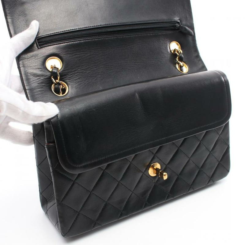 【日本直送】 中古CHANEL[B]CF 菱格紋 雙翻蓋 雙鏈條肩包 小羊皮 黑色 金色五金 vintage-4