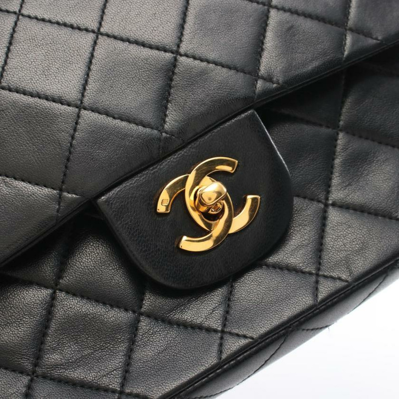 【日本直送】 中古CHANEL[B]CF 菱格紋 雙翻蓋 雙鏈條肩包 小羊皮 黑色 金色五金 vintage-6