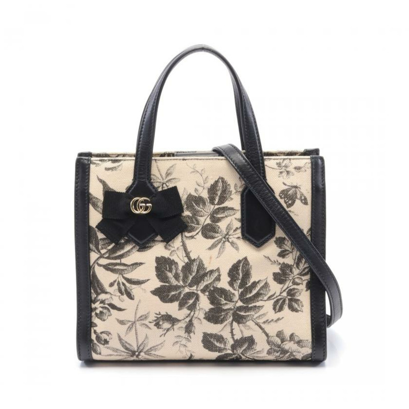 【日本直送】 中古GUCCI[B]GG蝴蝶結 植物紋帆布手提包 真皮 黑色 象牙白 兩用款 日本限定-0