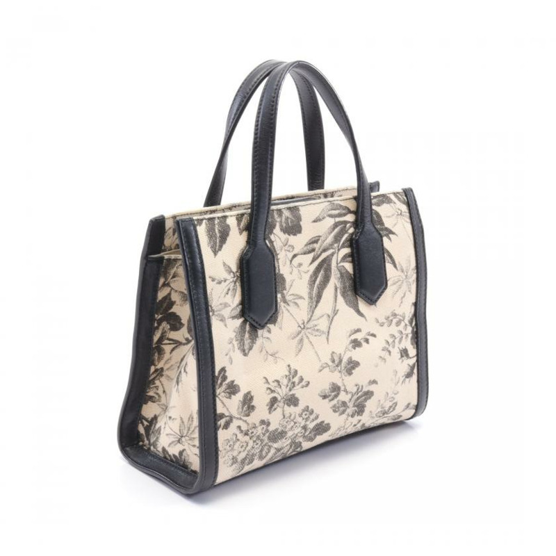 【日本直送】 中古GUCCI[B]GG蝴蝶結 植物紋帆布手提包 真皮 黑色 象牙白 兩用款 日本限定-1