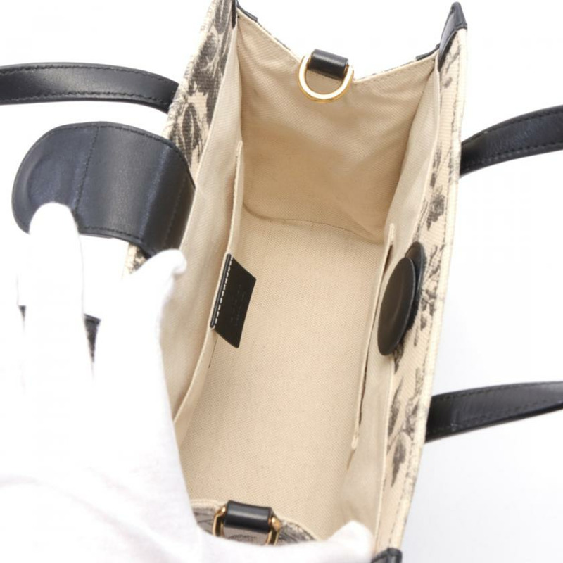 【日本直送】 中古GUCCI[B]GG蝴蝶結 植物紋帆布手提包 真皮 黑色 象牙白 兩用款 日本限定-2