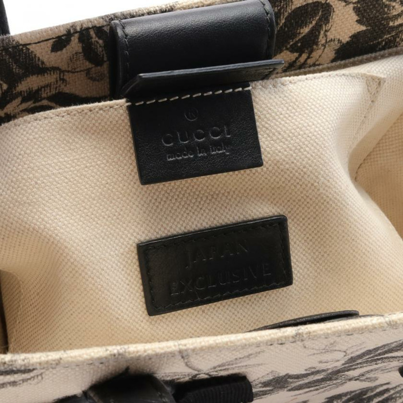 【日本直送】 中古GUCCI[B]GG蝴蝶結 植物紋帆布手提包 真皮 黑色 象牙白 兩用款 日本限定-3
