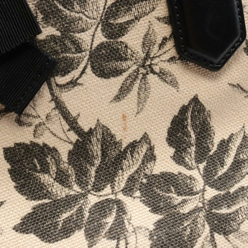 【日本直送】 中古GUCCI[B]GG蝴蝶結 植物紋帆布手提包 真皮 黑色 象牙白 兩用款 日本限定-5