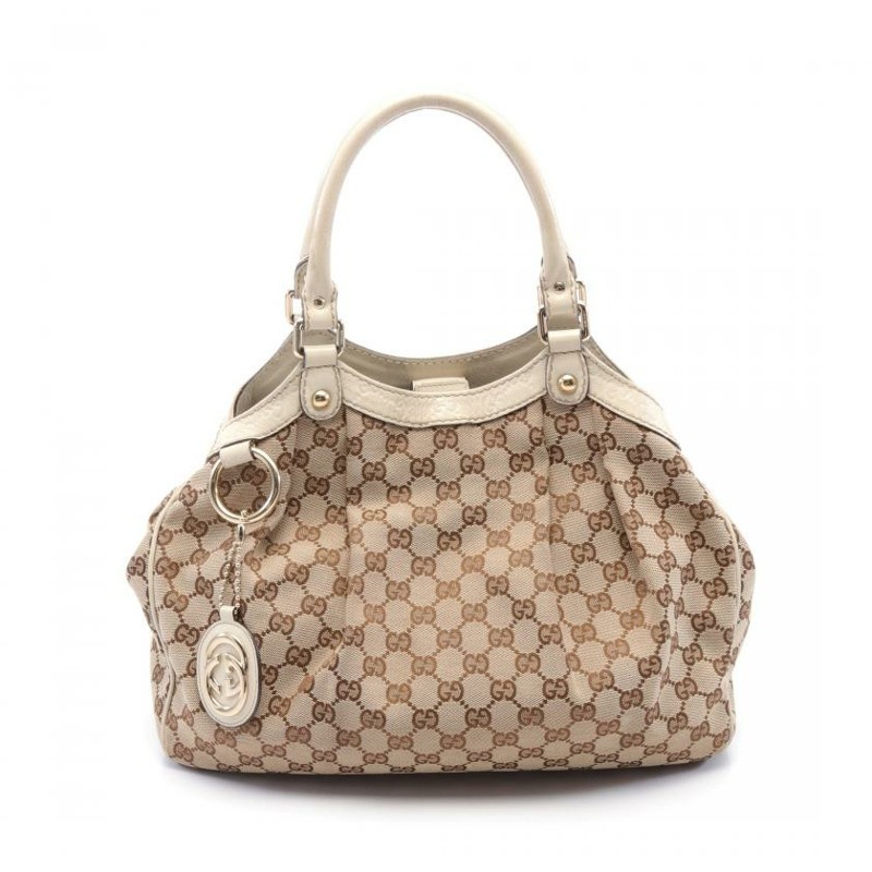 【日本直送】 中古GUCCI[B]蘇基 GG帆布 手包 帆布 皮革 淺褐色 象牙色-0