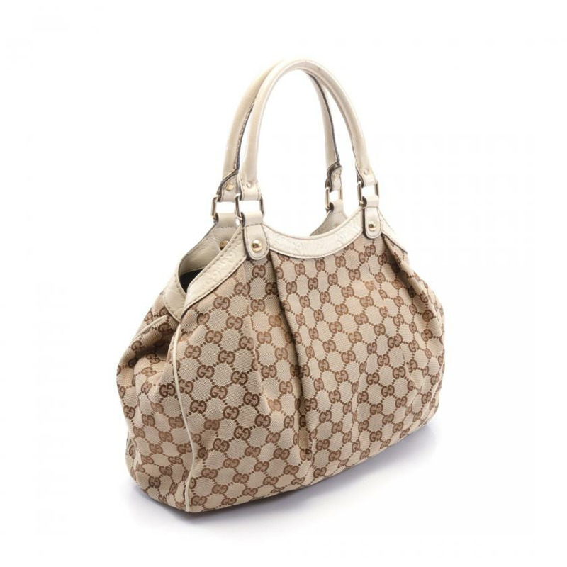 【日本直送】 中古GUCCI[B]蘇基 GG帆布 手包 帆布 皮革 淺褐色 象牙色-1