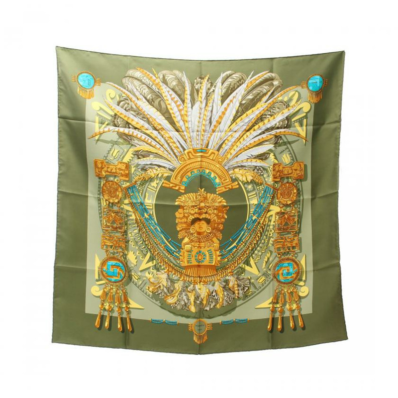 【日本直送】 中古HERMES[AB]方巾90 「mexique」 絲巾 絲 卡其綠 多彩色-0