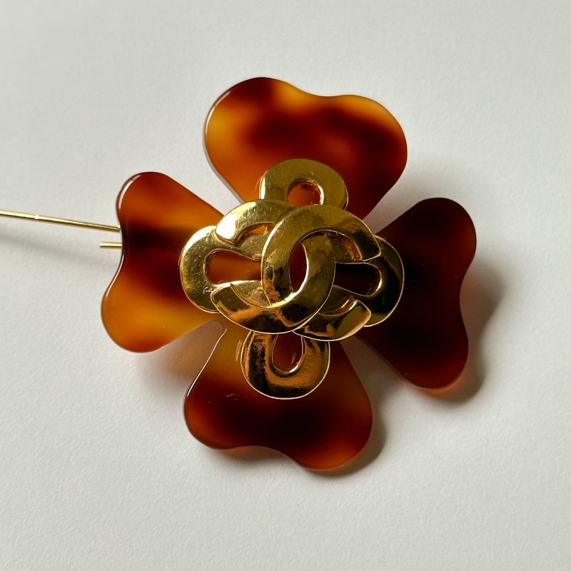 CHANEL 玳瑁幸運草胸針 老香飾品 鍍24K金-0