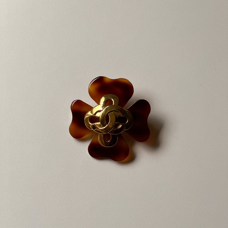 CHANEL 玳瑁幸運草胸針 老香飾品 鍍24K金-4