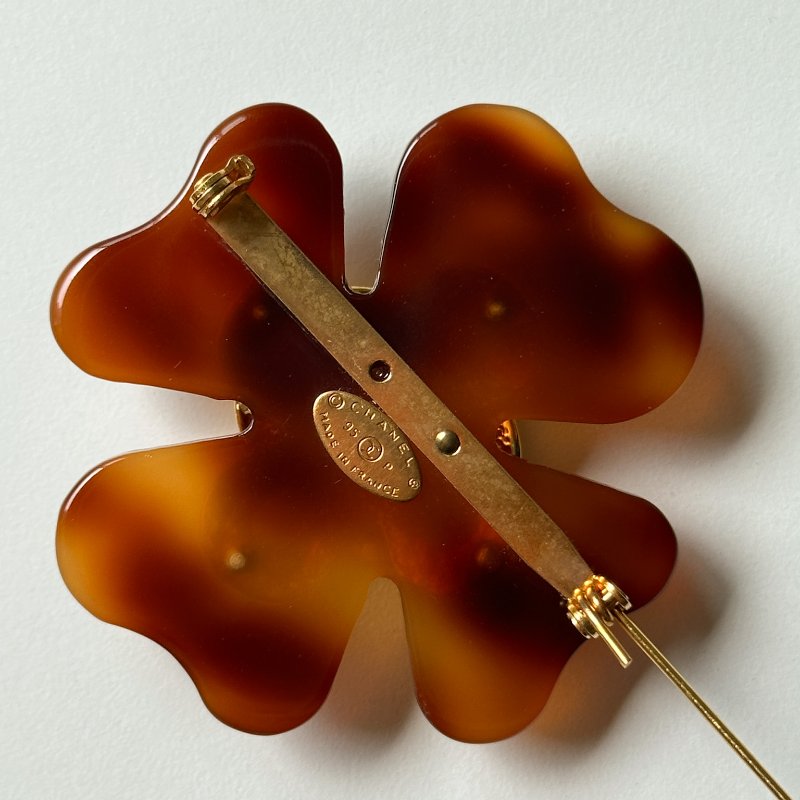 CHANEL 玳瑁幸運草胸針 老香飾品 鍍24K金-5