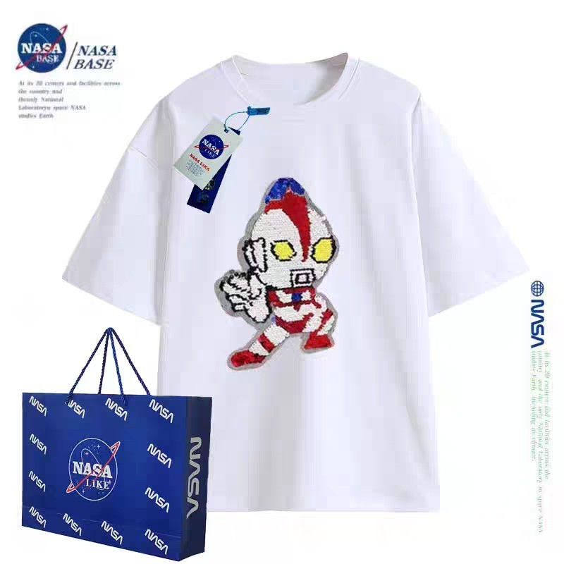 NASA联名男童纯棉短袖t恤2023新款炸街亮片变色奥特曼亲子装上衣-3