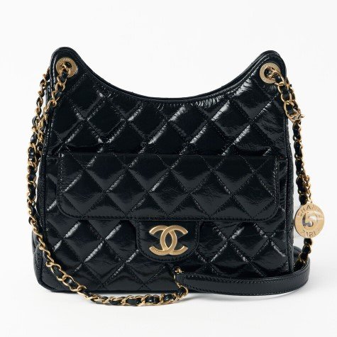 【台灣現貨】CHANEL Hobo 中號經典雙C LOGO牛皮金練斜背包/流浪包(黑/金) 天貓精靈 嬉皮包-0