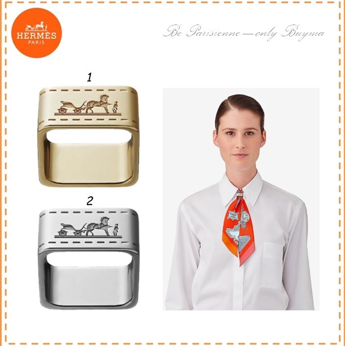 近新正品✨HERMES 愛馬仕經典品牌馬車LOGO方形絲巾釦環(金）-5