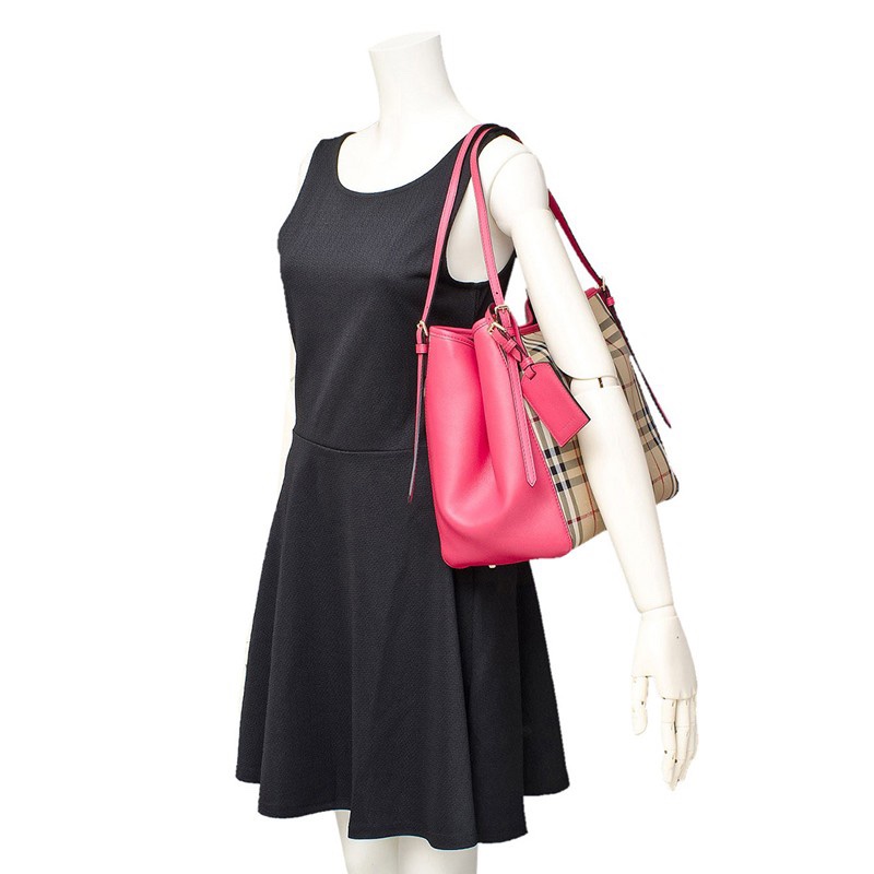 Burberry 經典格紋手包/托特包 桃紅-9