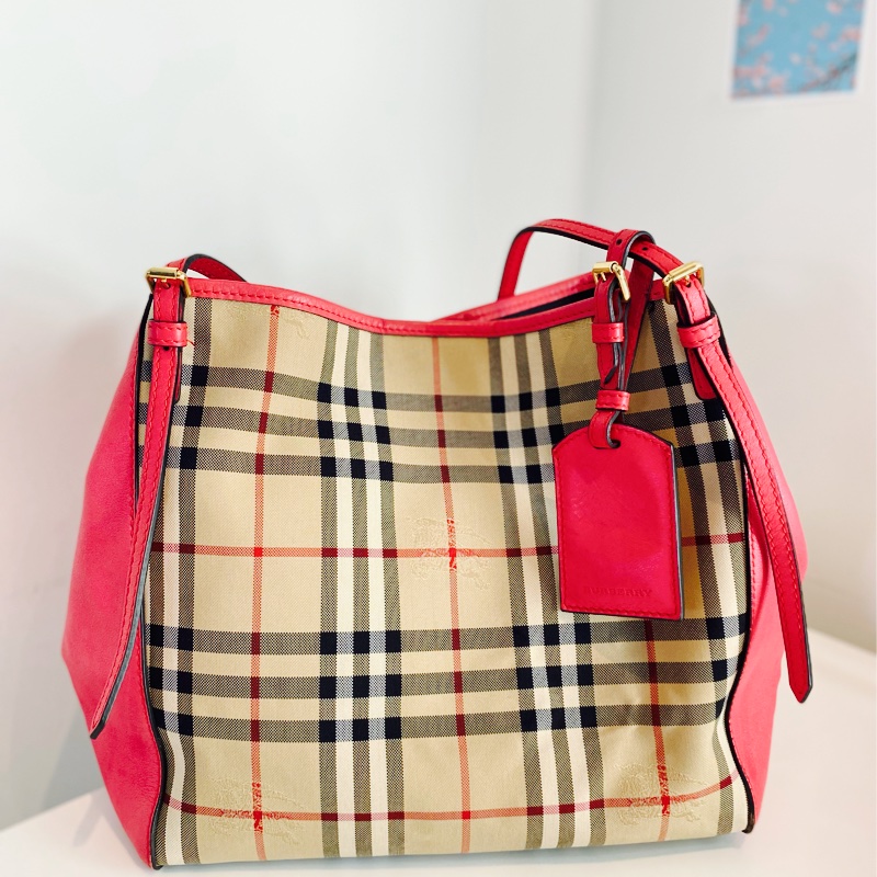 Burberry 經典格紋手包/托特包 桃紅-11