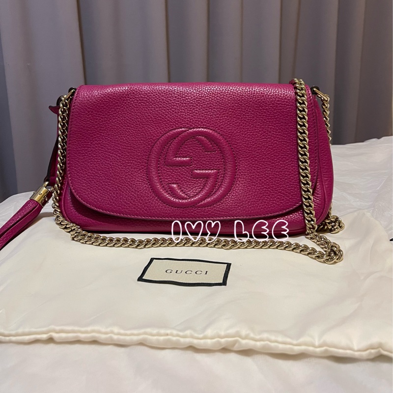 GUCCI SOHO流蘇 桃紅金鍊包 雙G立體LOGO 牛皮扣式 斜背包 肩背包 336752 二手精品-0