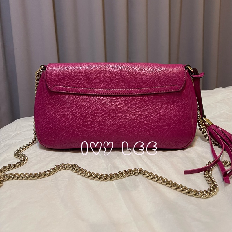 GUCCI SOHO流蘇 桃紅金鍊包 雙G立體LOGO 牛皮扣式 斜背包 肩背包 336752 二手精品-1