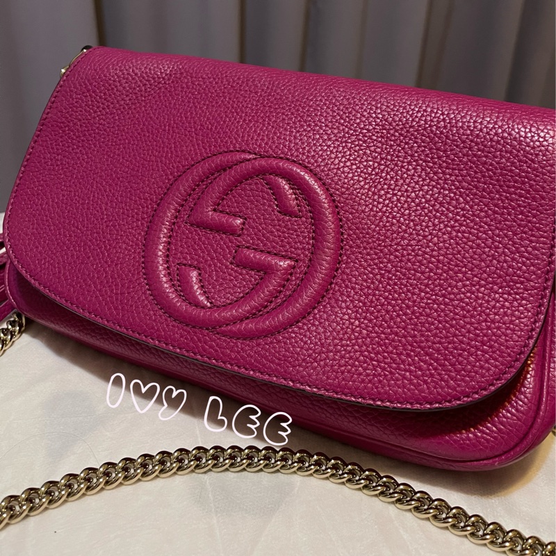 GUCCI SOHO流蘇 桃紅金鍊包 雙G立體LOGO 牛皮扣式 斜背包 肩背包 336752 二手精品-3