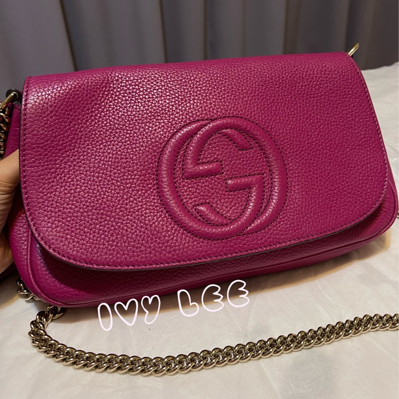 GUCCI SOHO流蘇 桃紅金鍊包 雙G立體LOGO 牛皮扣式 斜背包 肩背包 336752 二手精品-4