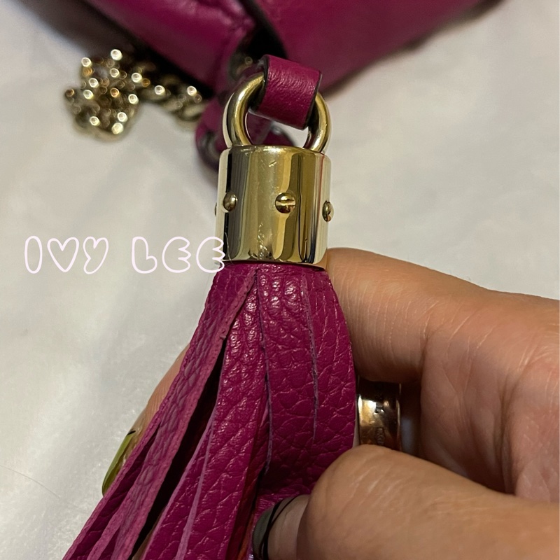 GUCCI SOHO流蘇 桃紅金鍊包 雙G立體LOGO 牛皮扣式 斜背包 肩背包 336752 二手精品-5