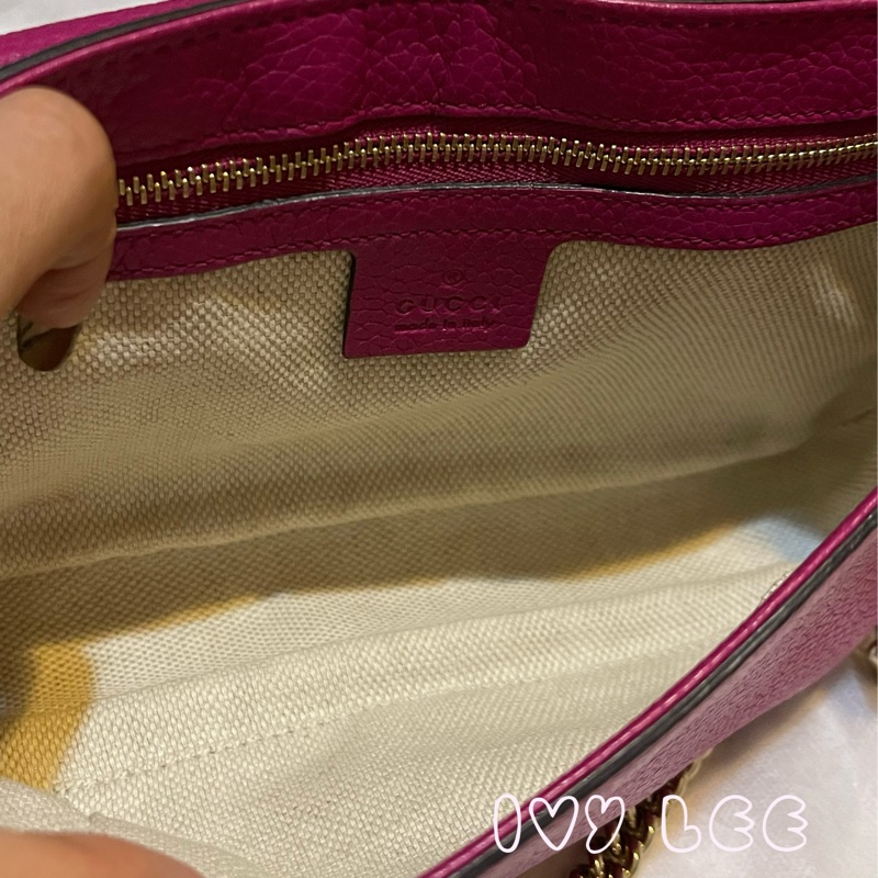 GUCCI SOHO流蘇 桃紅金鍊包 雙G立體LOGO 牛皮扣式 斜背包 肩背包 336752 二手精品-9