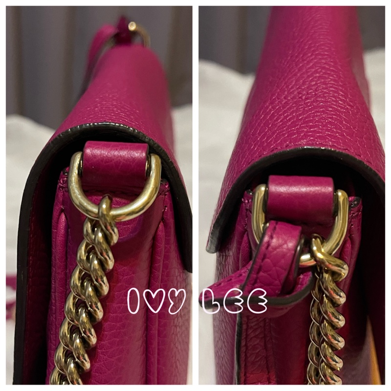 GUCCI SOHO流蘇 桃紅金鍊包 雙G立體LOGO 牛皮扣式 斜背包 肩背包 336752 二手精品-16