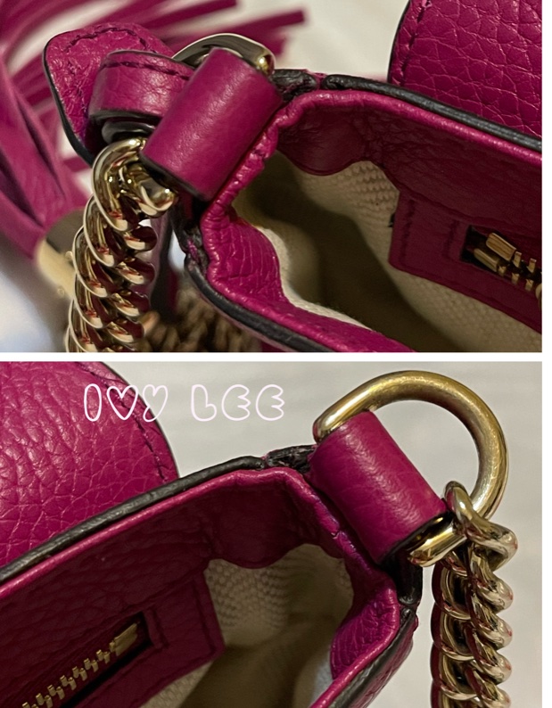 GUCCI SOHO流蘇 桃紅金鍊包 雙G立體LOGO 牛皮扣式 斜背包 肩背包 336752 二手精品-19